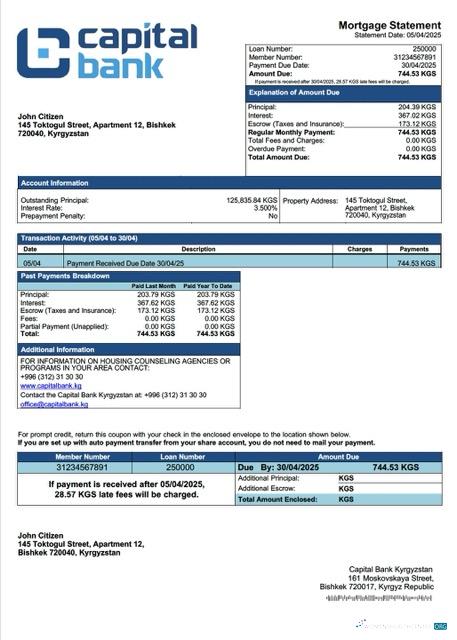 Download Kyrgyzstan Capital Bank Kyrgyzstan mortgage statement Word and PDF template Photoshop template